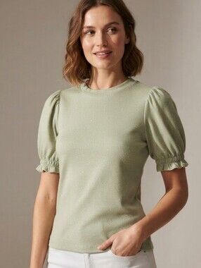 iris Sage Green Puff Sleeve Crewneck Top Boho Romantic